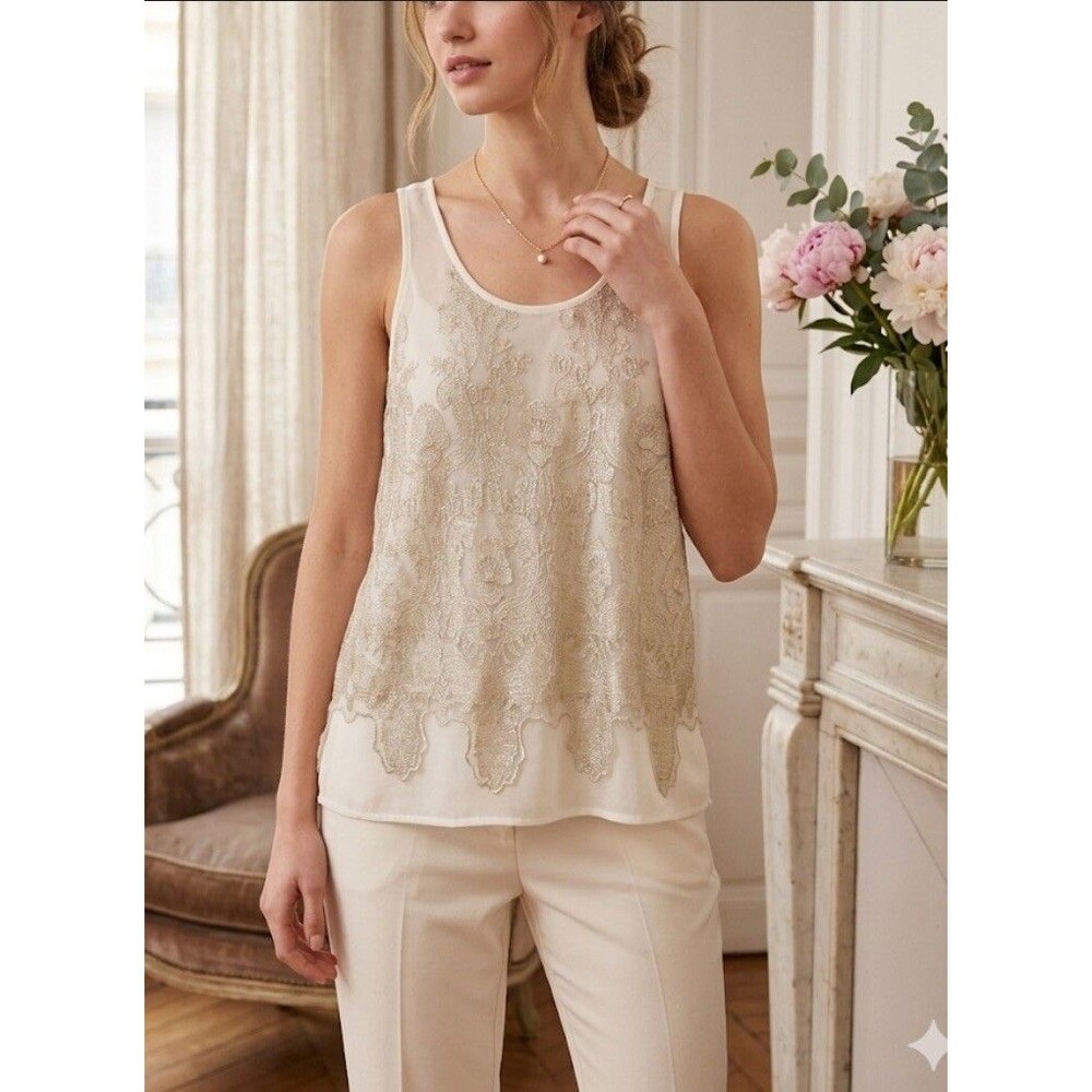 YA Los Angeles Bohemian Romantic Lace Sheer Top Floral White Gold Small